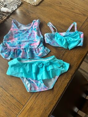 Toddler Mermaid 3 piece Swimsuit 24M Ruffle Tankini Set EUC Baby Swimsuit